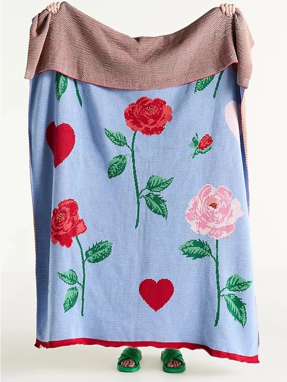 Anthropologie cotton sweater knit throw blanket blue Red Hearts Pink Roses
